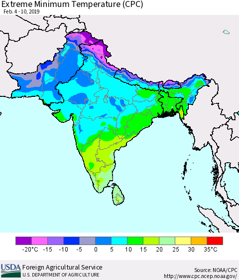 Southern Asia Minimum Daily Temperature (CPC) Thematic Map For 2/4/2019 - 2/10/2019
