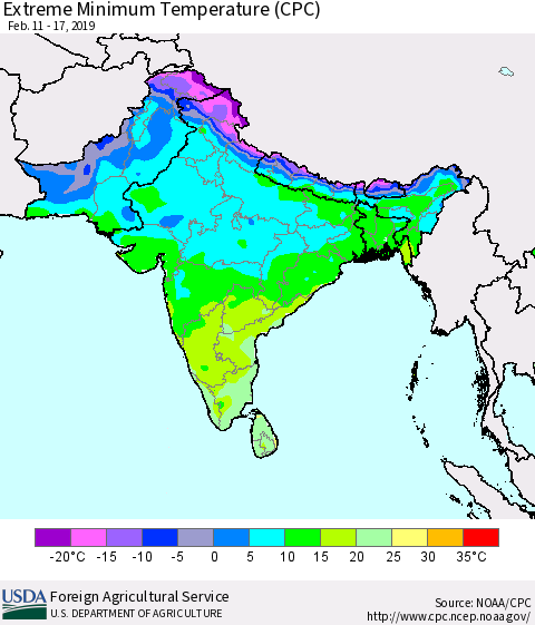 Southern Asia Minimum Daily Temperature (CPC) Thematic Map For 2/11/2019 - 2/17/2019