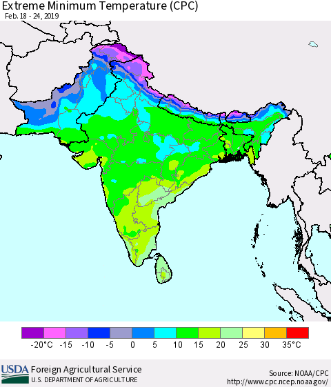 Southern Asia Minimum Daily Temperature (CPC) Thematic Map For 2/18/2019 - 2/24/2019