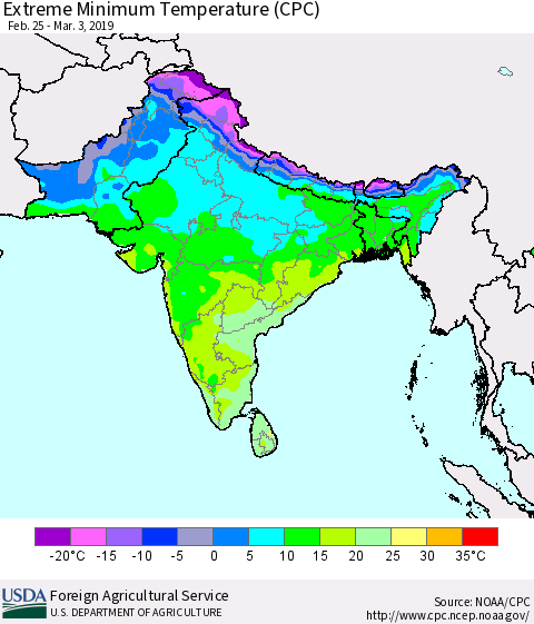 Southern Asia Minimum Daily Temperature (CPC) Thematic Map For 2/25/2019 - 3/3/2019