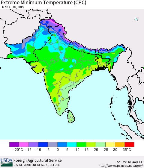 Southern Asia Minimum Daily Temperature (CPC) Thematic Map For 3/4/2019 - 3/10/2019