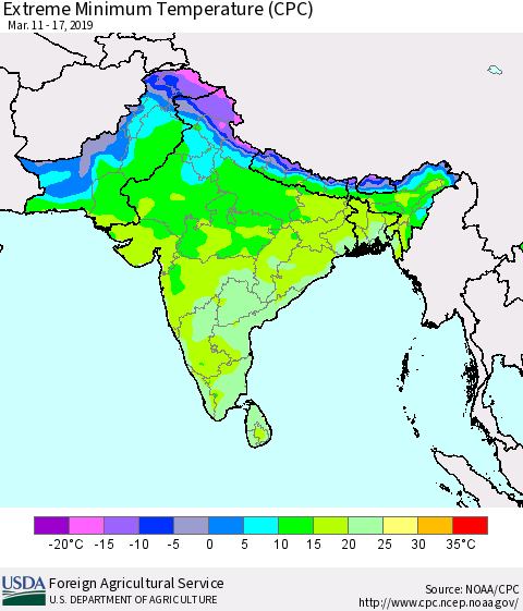Southern Asia Minimum Daily Temperature (CPC) Thematic Map For 3/11/2019 - 3/17/2019