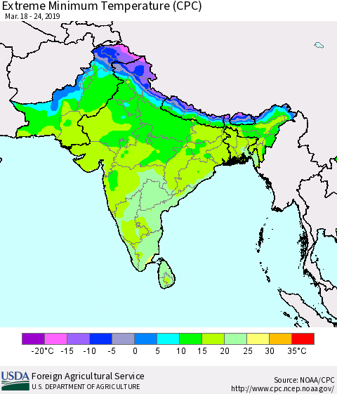 Southern Asia Minimum Daily Temperature (CPC) Thematic Map For 3/18/2019 - 3/24/2019