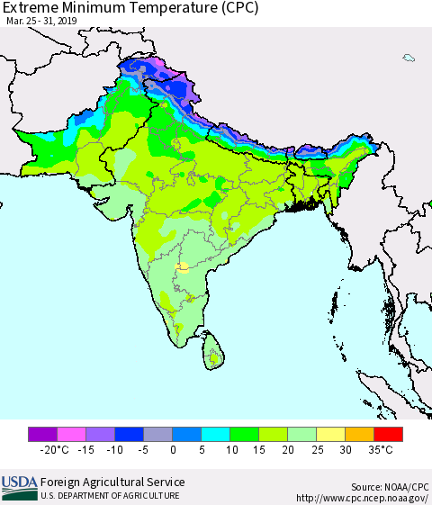 Southern Asia Minimum Daily Temperature (CPC) Thematic Map For 3/25/2019 - 3/31/2019