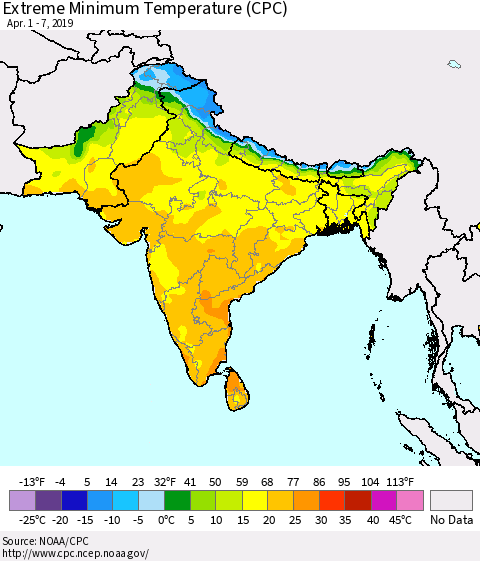 Southern Asia Minimum Daily Temperature (CPC) Thematic Map For 4/1/2019 - 4/7/2019
