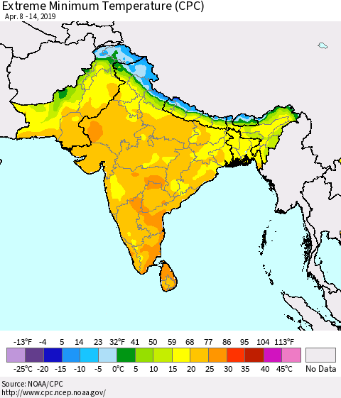Southern Asia Minimum Daily Temperature (CPC) Thematic Map For 4/8/2019 - 4/14/2019