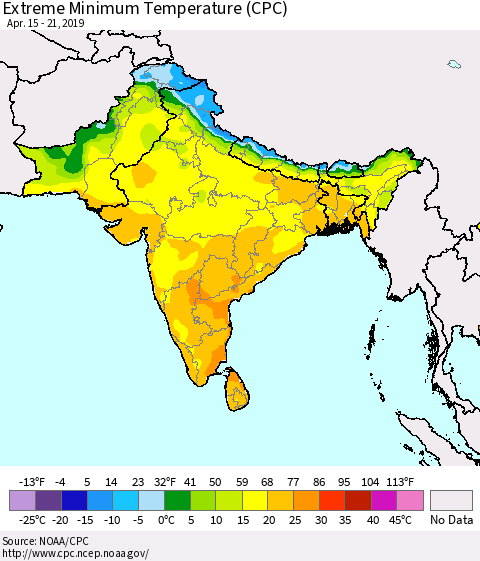 Southern Asia Minimum Daily Temperature (CPC) Thematic Map For 4/15/2019 - 4/21/2019