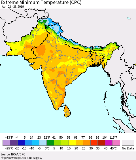 Southern Asia Minimum Daily Temperature (CPC) Thematic Map For 4/22/2019 - 4/28/2019