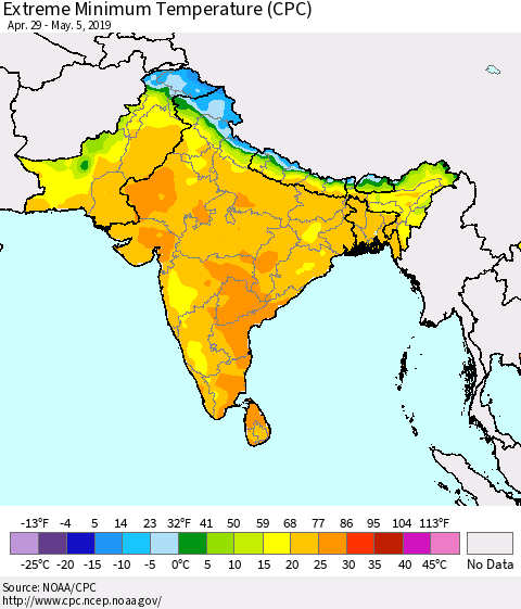 Southern Asia Minimum Daily Temperature (CPC) Thematic Map For 4/29/2019 - 5/5/2019