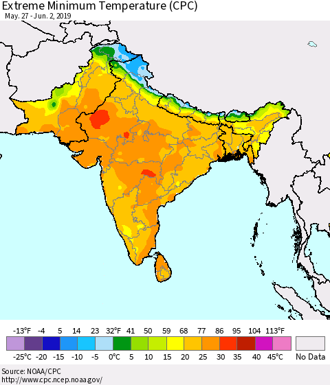 Southern Asia Extreme Minimum Temperature (CPC) Thematic Map For 5/27/2019 - 6/2/2019