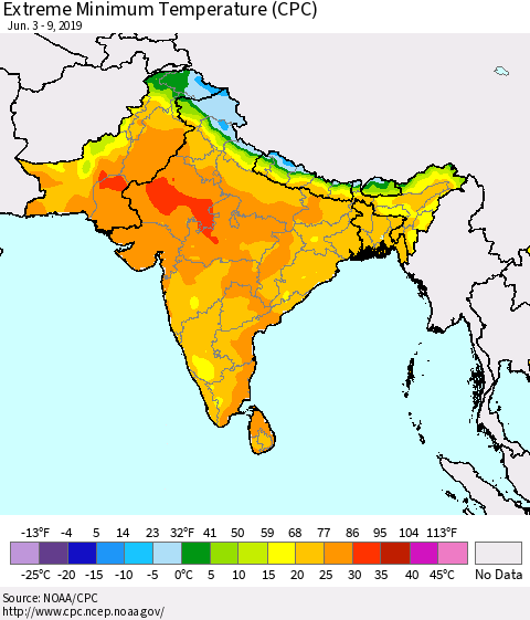 Southern Asia Extreme Minimum Temperature (CPC) Thematic Map For 6/3/2019 - 6/9/2019