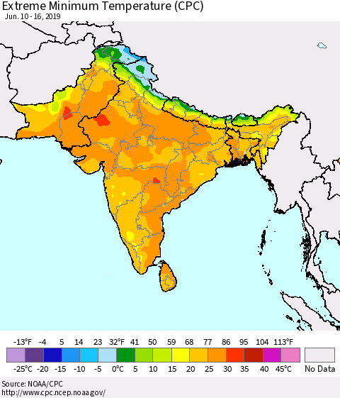 Southern Asia Extreme Minimum Temperature (CPC) Thematic Map For 6/10/2019 - 6/16/2019