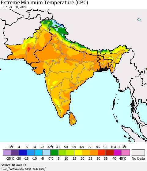 Southern Asia Extreme Minimum Temperature (CPC) Thematic Map For 6/24/2019 - 6/30/2019