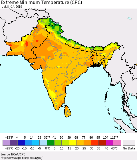 Southern Asia Minimum Daily Temperature (CPC) Thematic Map For 7/8/2019 - 7/14/2019