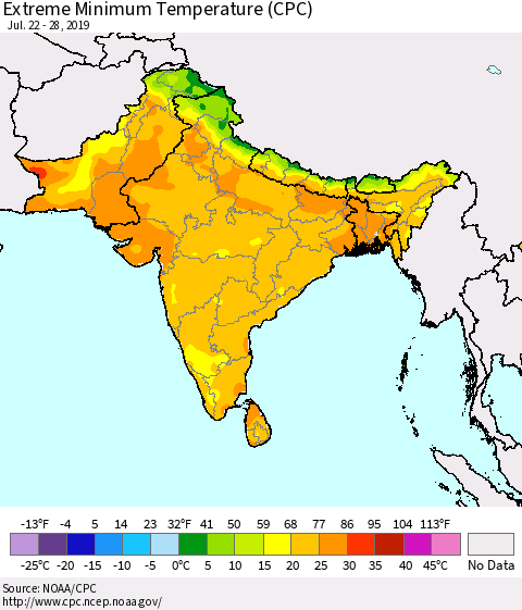 Southern Asia Extreme Minimum Temperature (CPC) Thematic Map For 7/22/2019 - 7/28/2019