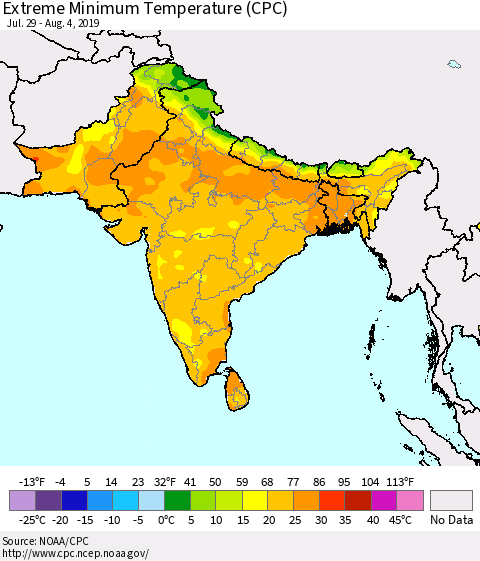 Southern Asia Extreme Minimum Temperature (CPC) Thematic Map For 7/29/2019 - 8/4/2019