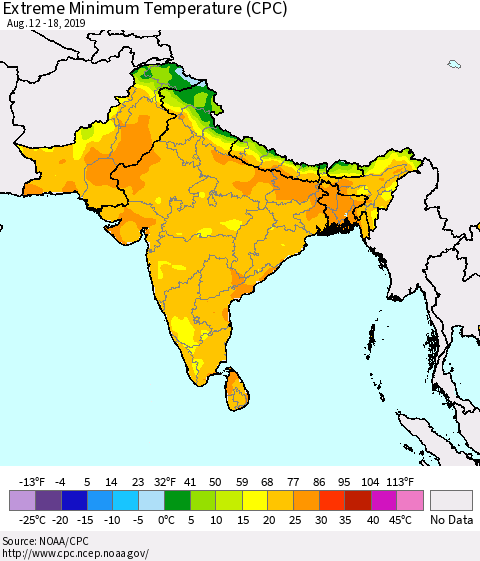 Southern Asia Extreme Minimum Temperature (CPC) Thematic Map For 8/12/2019 - 8/18/2019