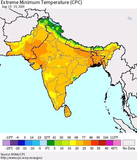 Southern Asia Extreme Minimum Temperature (CPC) Thematic Map For 8/19/2019 - 8/25/2019