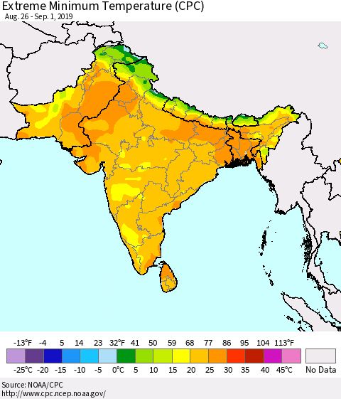 Southern Asia Extreme Minimum Temperature (CPC) Thematic Map For 8/26/2019 - 9/1/2019