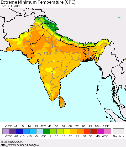 Southern Asia Extreme Minimum Temperature (CPC) Thematic Map For 9/2/2019 - 9/8/2019