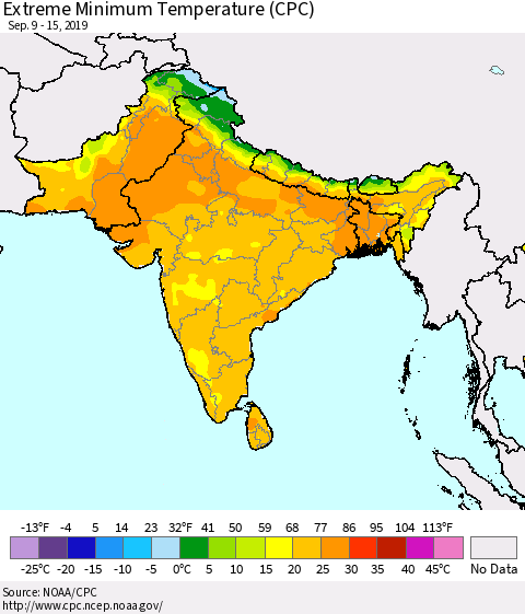 Southern Asia Minimum Daily Temperature (CPC) Thematic Map For 9/9/2019 - 9/15/2019