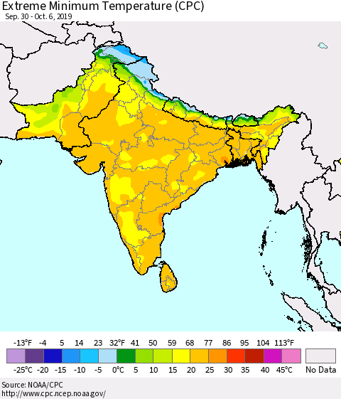 Southern Asia Extreme Minimum Temperature (CPC) Thematic Map For 9/30/2019 - 10/6/2019