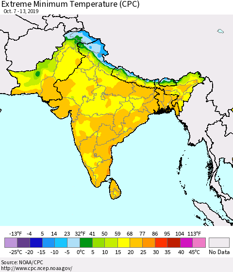 Southern Asia Minimum Daily Temperature (CPC) Thematic Map For 10/7/2019 - 10/13/2019