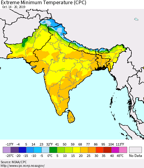 Southern Asia Minimum Daily Temperature (CPC) Thematic Map For 10/14/2019 - 10/20/2019