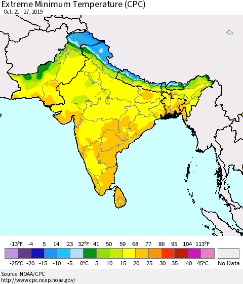 Southern Asia Minimum Daily Temperature (CPC) Thematic Map For 10/21/2019 - 10/27/2019