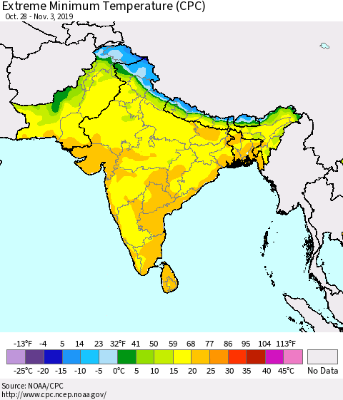 Southern Asia Minimum Daily Temperature (CPC) Thematic Map For 10/28/2019 - 11/3/2019