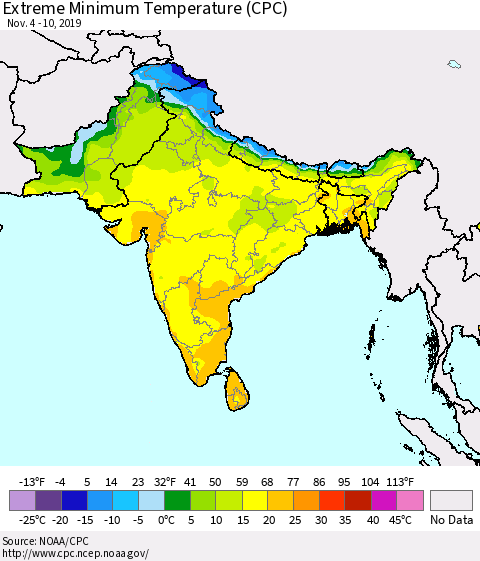 Southern Asia Minimum Daily Temperature (CPC) Thematic Map For 11/4/2019 - 11/10/2019