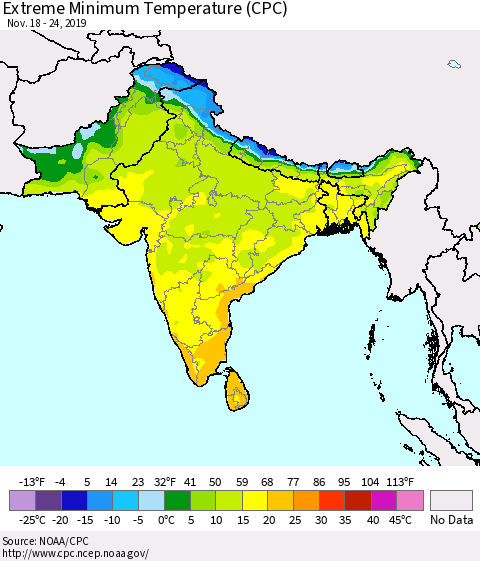 Southern Asia Minimum Daily Temperature (CPC) Thematic Map For 11/18/2019 - 11/24/2019