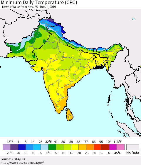Southern Asia Minimum Daily Temperature (CPC) Thematic Map For 11/25/2019 - 12/1/2019