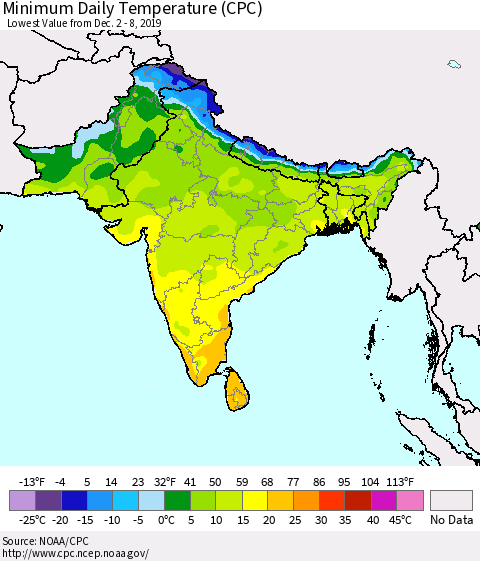 Southern Asia Minimum Daily Temperature (CPC) Thematic Map For 12/2/2019 - 12/8/2019