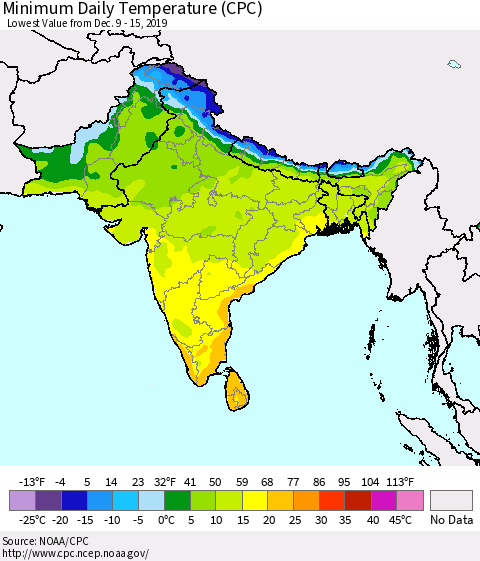 Southern Asia Minimum Daily Temperature (CPC) Thematic Map For 12/9/2019 - 12/15/2019