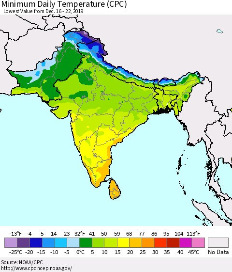 Southern Asia Minimum Daily Temperature (CPC) Thematic Map For 12/16/2019 - 12/22/2019