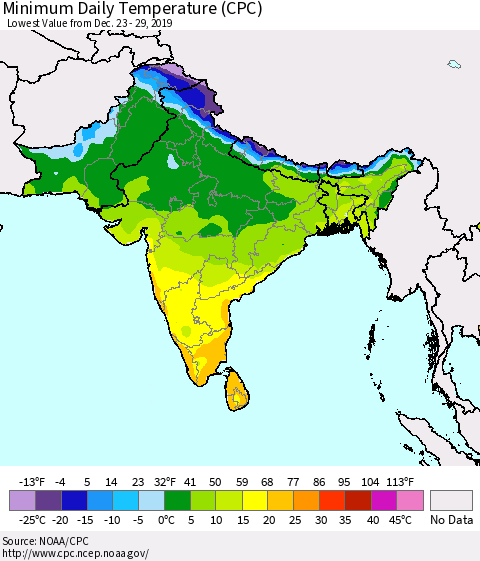 Southern Asia Minimum Daily Temperature (CPC) Thematic Map For 12/23/2019 - 12/29/2019