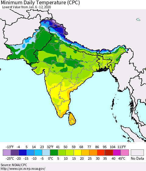 Southern Asia Minimum Daily Temperature (CPC) Thematic Map For 1/6/2020 - 1/12/2020