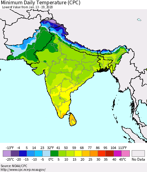 Southern Asia Minimum Daily Temperature (CPC) Thematic Map For 1/13/2020 - 1/19/2020