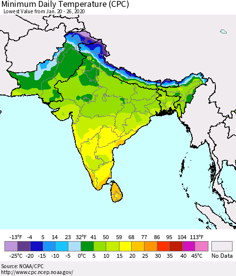 Southern Asia Minimum Daily Temperature (CPC) Thematic Map For 1/20/2020 - 1/26/2020