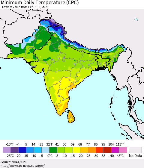 Southern Asia Minimum Daily Temperature (CPC) Thematic Map For 2/3/2020 - 2/9/2020