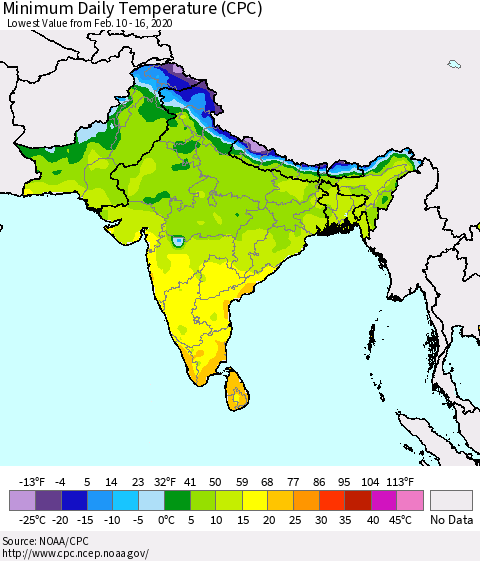 Southern Asia Minimum Daily Temperature (CPC) Thematic Map For 2/10/2020 - 2/16/2020