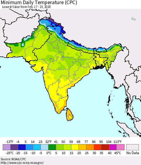 Southern Asia Minimum Daily Temperature (CPC) Thematic Map For 2/17/2020 - 2/23/2020