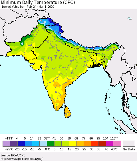 Southern Asia Minimum Daily Temperature (CPC) Thematic Map For 2/24/2020 - 3/1/2020