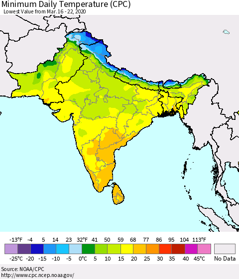 Southern Asia Minimum Daily Temperature (CPC) Thematic Map For 3/16/2020 - 3/22/2020