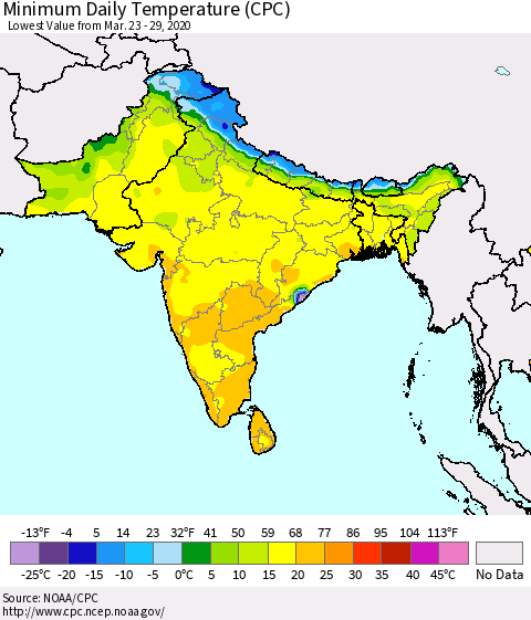 Southern Asia Minimum Daily Temperature (CPC) Thematic Map For 3/23/2020 - 3/29/2020