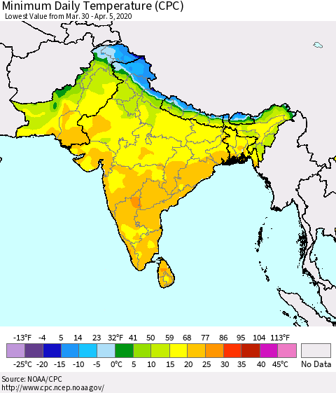 Southern Asia Minimum Daily Temperature (CPC) Thematic Map For 3/30/2020 - 4/5/2020
