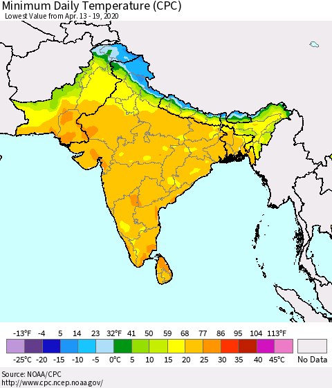 Southern Asia Minimum Daily Temperature (CPC) Thematic Map For 4/13/2020 - 4/19/2020