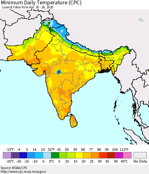 Southern Asia Minimum Daily Temperature (CPC) Thematic Map For 4/20/2020 - 4/26/2020