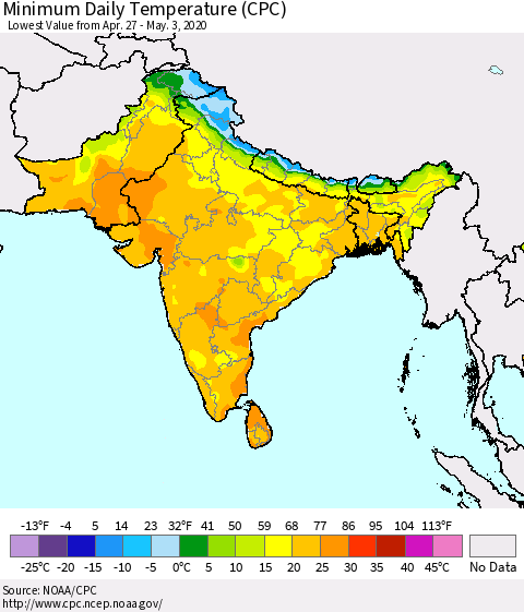 Southern Asia Minimum Daily Temperature (CPC) Thematic Map For 4/27/2020 - 5/3/2020